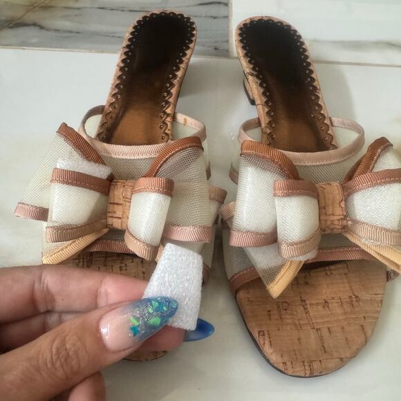 J Renee Freesia Natural Brown Cork Block Heel Mesh Bow Slides Sandals Mules Sz 7 - Picture 3 of 10